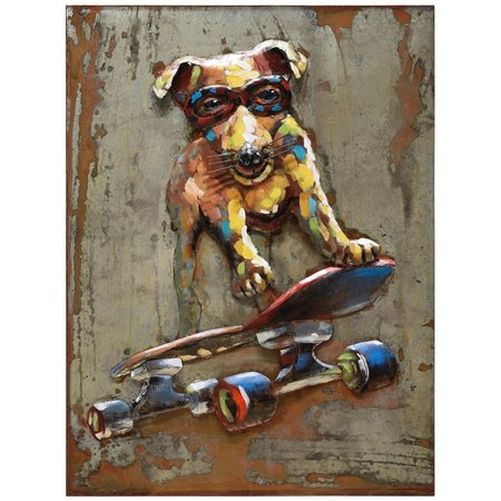 SOLID STORAGE SUPPLIES 40 x 30 in. Dog on Skateboard Hand Painted Primo Mixed Media Iron Wall Sculpture 3D Metal Wall Art SO2573440